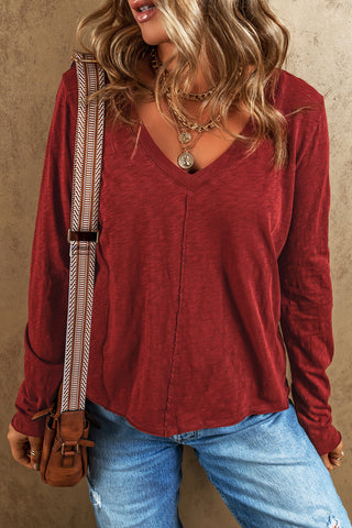 V-Neck Long Sleeve Center Seam Top - Sandalwood