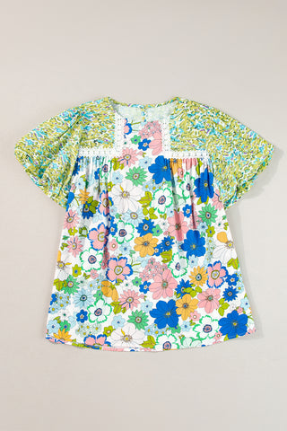 Retro Floral Top with Lace Detail - Green