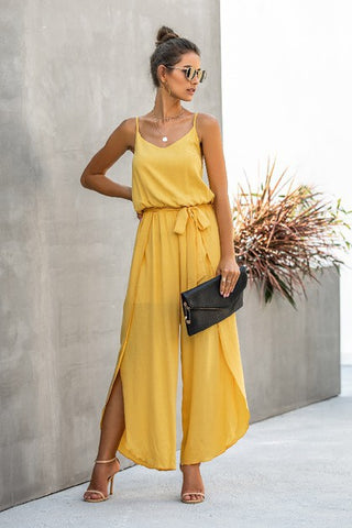Flowy Spaghetti Strap Jumpsuit - Mustard