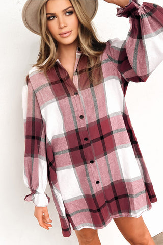 Flannel Shift Dress - Burgundy