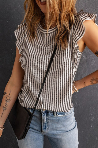 Striped Ruffle Sleeve Top - Gray