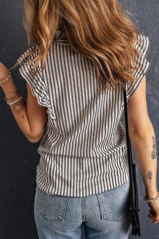 Striped Ruffle Sleeve Top - Gray
