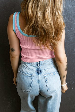 Ribbed Contrast Tank - Light Pink