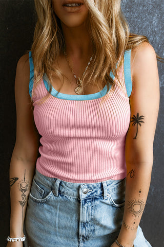Ribbed Contrast Tank - Light Pink