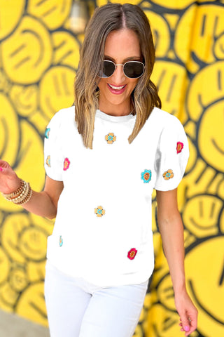 Daisy Pop Embroidered Top - White