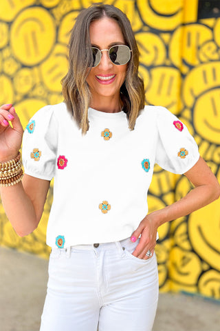 Daisy Pop Embroidered Top - White