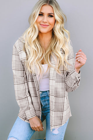 Plaid Shacket with Removable Hood - Beige