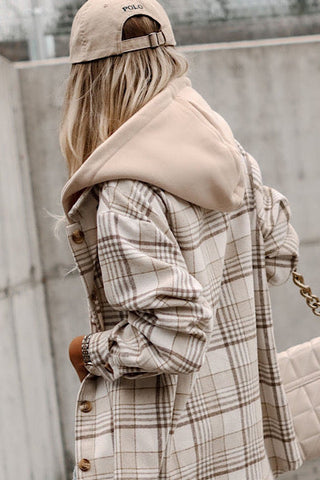 Plaid Shacket with Removable Hood - Beige