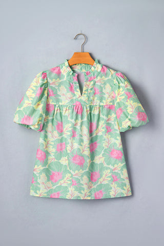 Puff Sleeve Floral Top - Green Pastel
