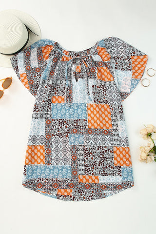 Patchwork Style Flutter Sleeve Top