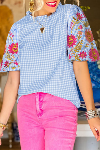 Checkered Embroidered Top - Blue