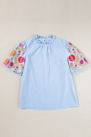 Checkered Embroidered Top - Blue