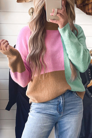 Mock Neck Color Block Sweater - Pink, Tan, and Green