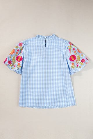 Checkered Embroidered Top - Blue