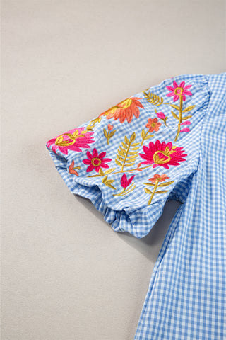 Checkered Embroidered Top - Blue