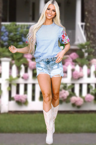 Checkered Embroidered Top - Blue
