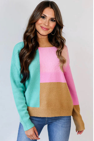 Mock Neck Color Block Sweater - Pink, Tan, and Green