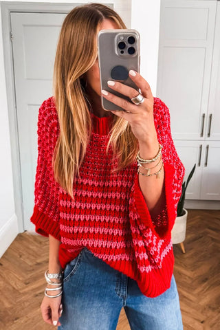 Oversized Half Sleeve Red Sweater