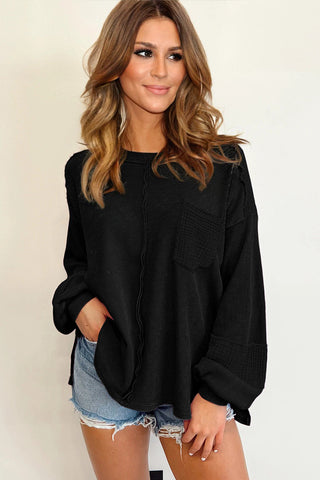 Bubble Sleeve Waffle Knit Top - Black