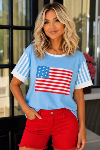 Patchwork Flag Top - Light Blue