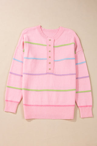 Striped Henley Sweater - Pink