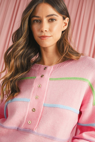 Striped Henley Sweater - Pink