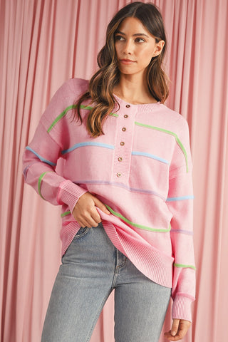 Striped Henley Sweater - Pink