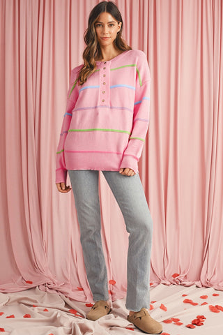 Striped Henley Sweater - Pink