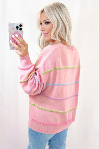 Striped Henley Sweater - Pink