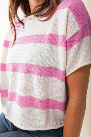 Striped Short Sleeve Sweater - Pink