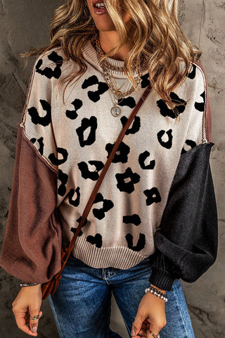 Bishop Sleeve Color Block Sweater - Leopard Print