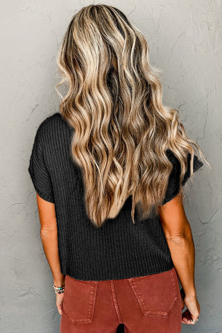 Short Sleeve Ribbed Sweater - Black - Ships Friday