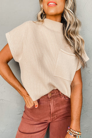 Short Sleeve Ribbed Sweater - Beige