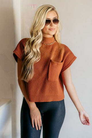 Short Sleeve Ribbed Sweater - Rust