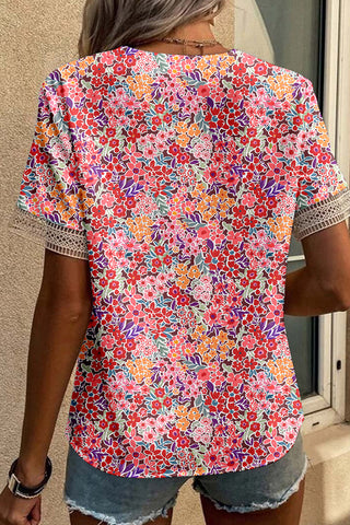 Whimsical Floral Print Top with Crochet Detailed Neck Line
