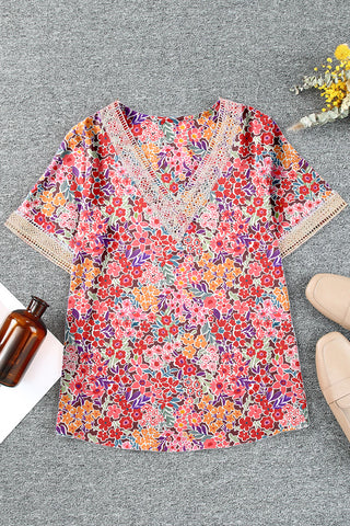 Whimsical Floral Print Top with Crochet Detailed Neck Line