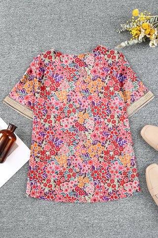 Whimsical Floral Print Top with Crochet Detailed Neck Line