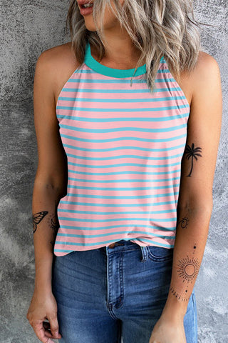 Sleeveless Top - Pink With Aqua Stripes