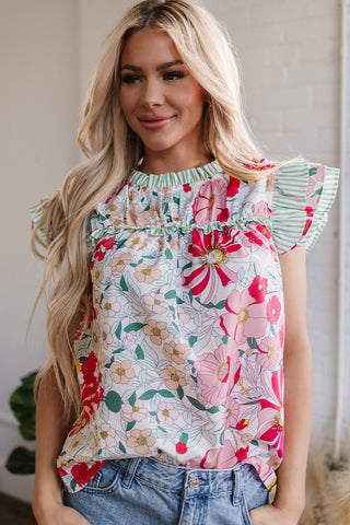 Mint Striped Floral Top