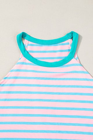Sleeveless Top - Pink With Aqua Stripes