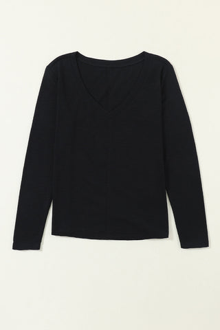 V-Neck Long Sleeve Center Seam Top - Black