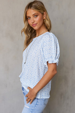 Floral Puff Sleeve Top - Blue
