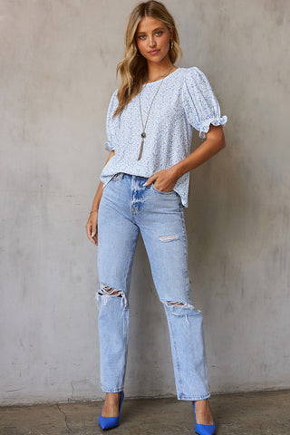 Floral Puff Sleeve Top - Blue