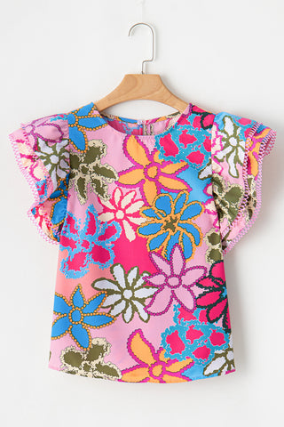 Vibrant Floral Top Flutter Sleeve Top - Pink and Aqua