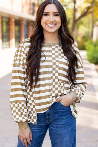 Checkered Flowy Top - Taupe