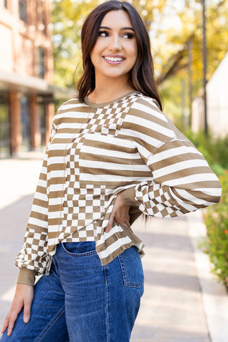 Checkered Flowy Top - Taupe
