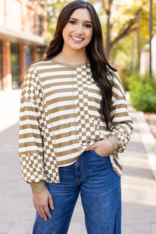 Checkered Flowy Top - Taupe