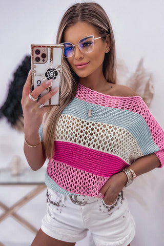 Colorful Half Sleeve Summer Sweater - Pink