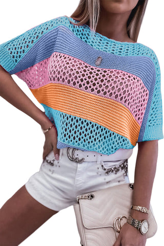 Colorful Half Sleeve Summer Sweater - Blue