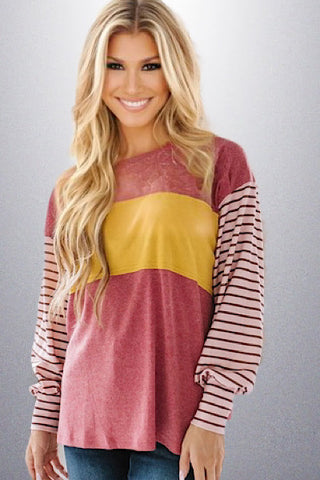 Bishop Sleeve Striped Top - Yellow and Heathered Red